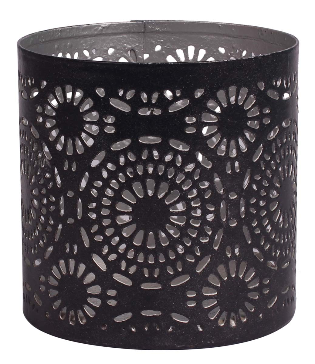 Handmade Round-Shaped Tea-Light Candle Holder in Iron - Black & Silver Color Finish - Symmetric Cut-Out Patterning - Metal Votive Candle Stands - Table-Top Decorations - Buy in Bulk Wholesale